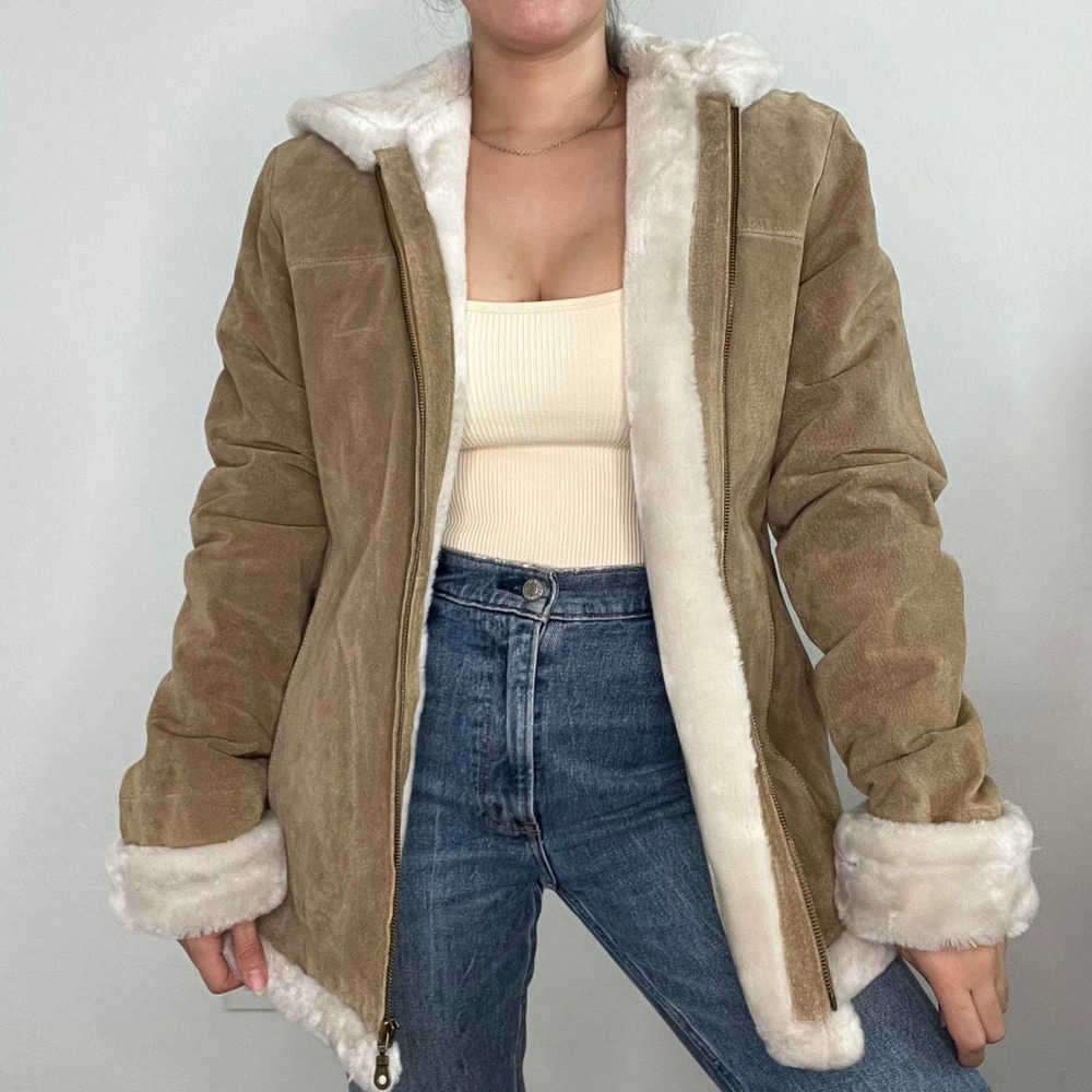 Adler‎ Collection Suede Sherpa Lined Hooded Jacket Coat Size M Full Zip - Picture 2 of 14